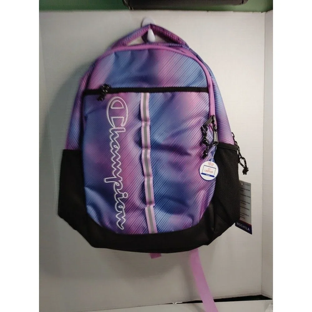 Champion Purple Pink Blue Colorblock Kids Backpack Zip, Pockets, Padded Straps